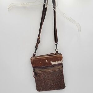 Myra Bag Tooled Leather/Cotton Adjustable Strap Cross Body Approximately 7X9